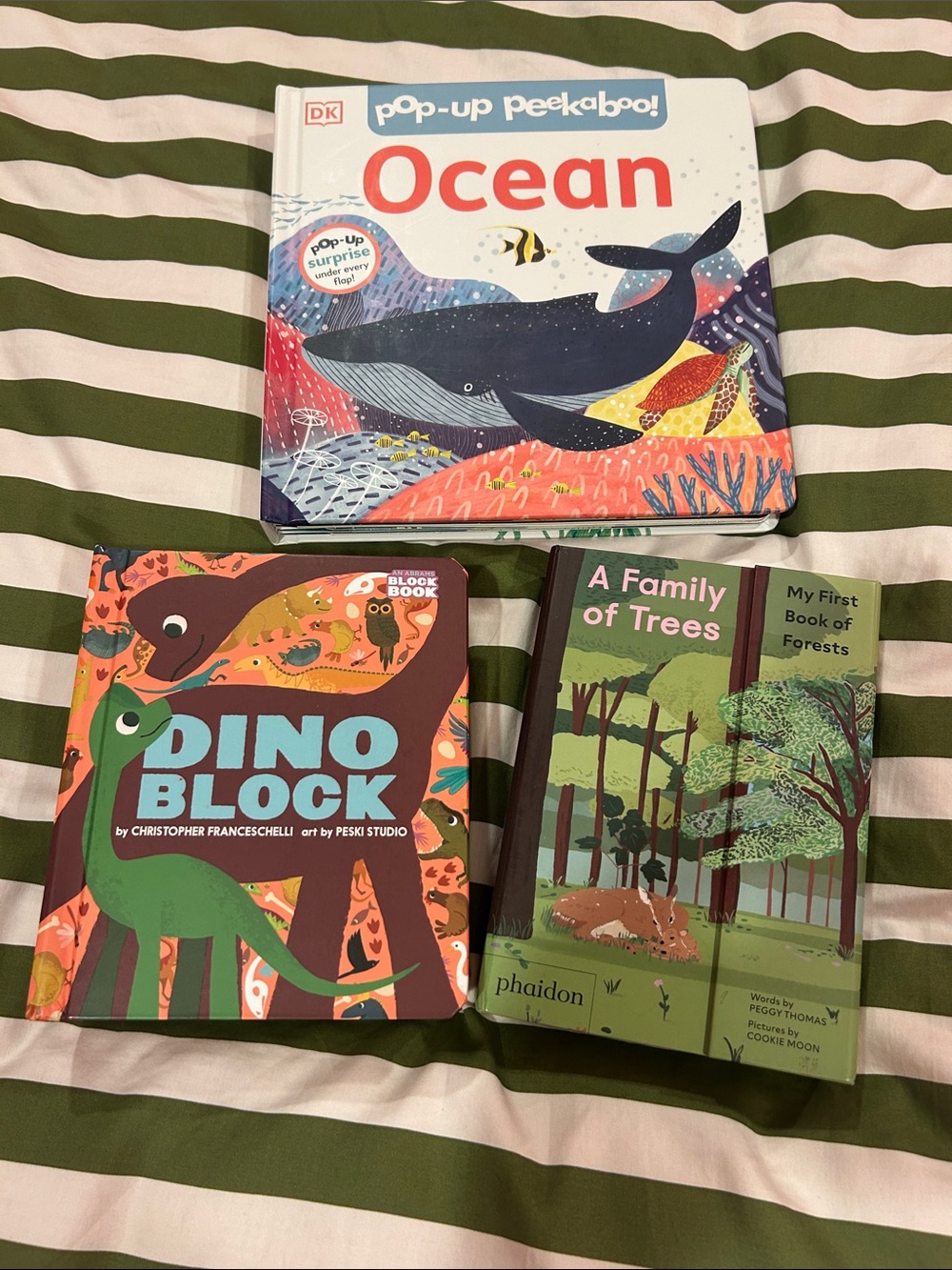 Three kids books with pop up’s or pull outs: Dino Block, Family of Trees